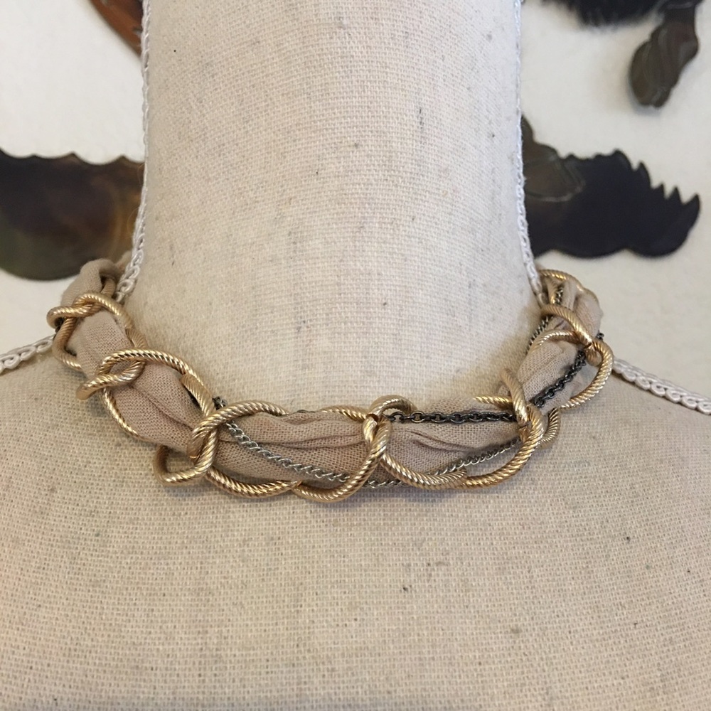 Vintage braided chain and fabric choker necklace